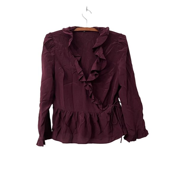 Madewell Womens Deep Burgundy Silk Ruffle Wrap Blouse Size Small - Picture 1 of 7
